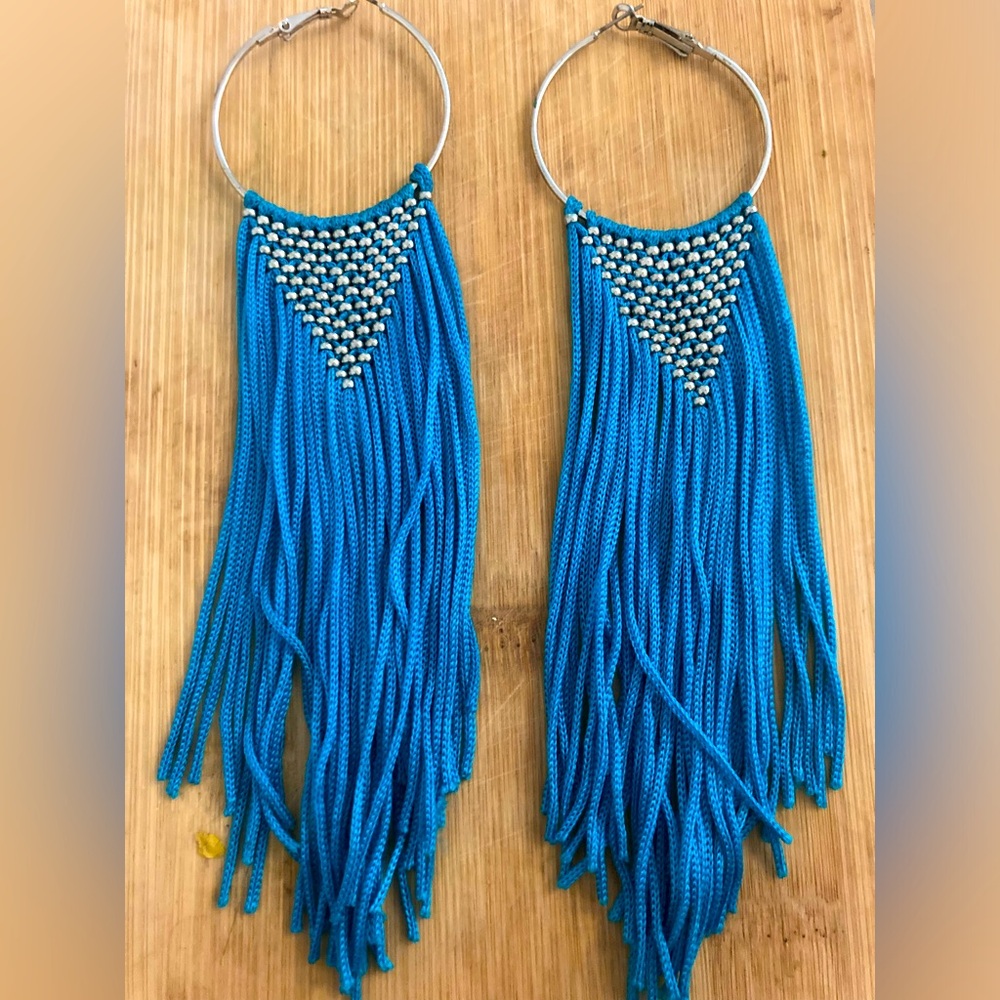 Long Blue Silver Fringe Earrings